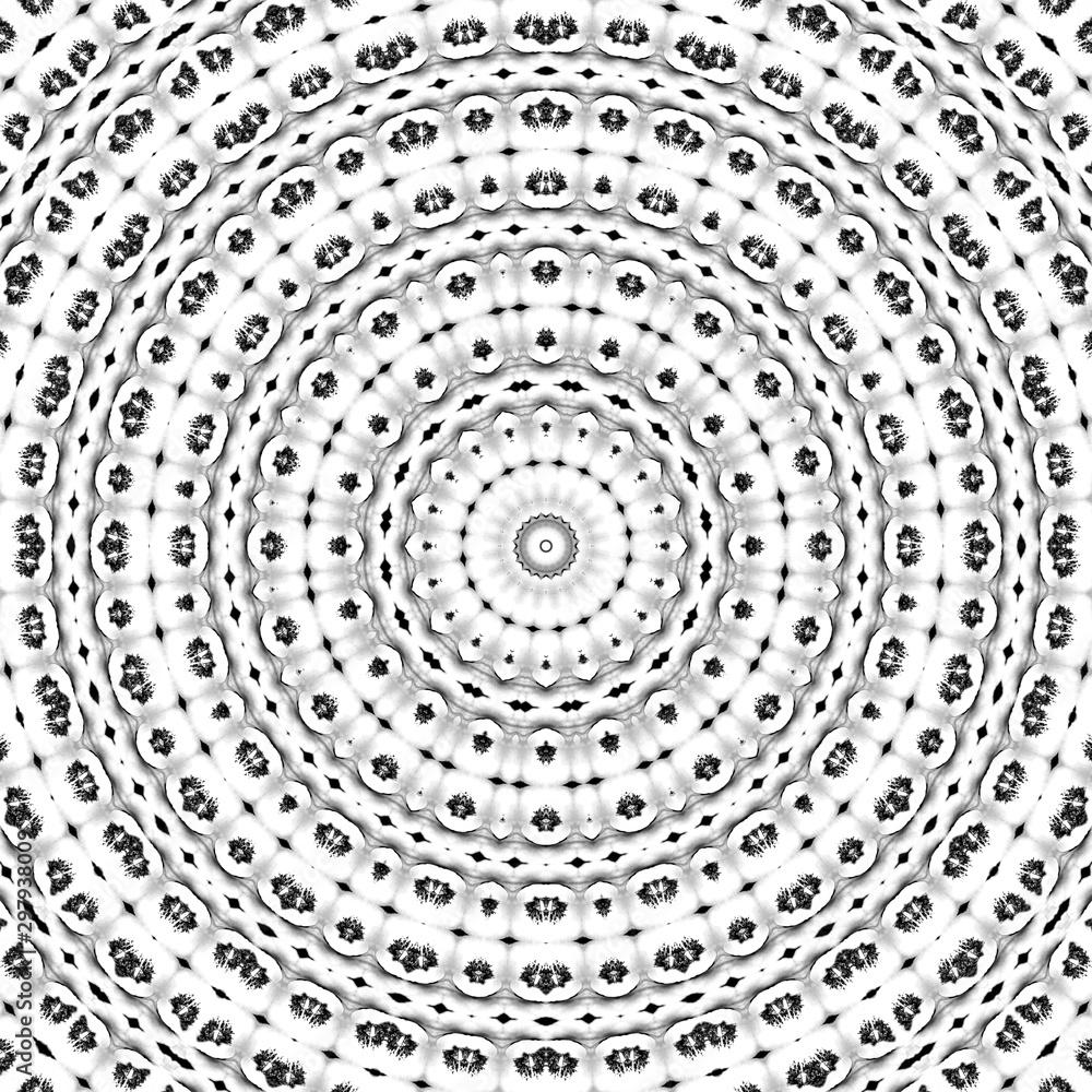 Floral kaleidoscopic pattern. Monochrome geometric ornament . Mandala . Abstract black and white background Floral kaleidoscopic pattern. Monochrome geometric ornament . Mandala . Abstract black and white background