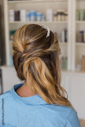 wedding hair style up do long brown blond lady salon
