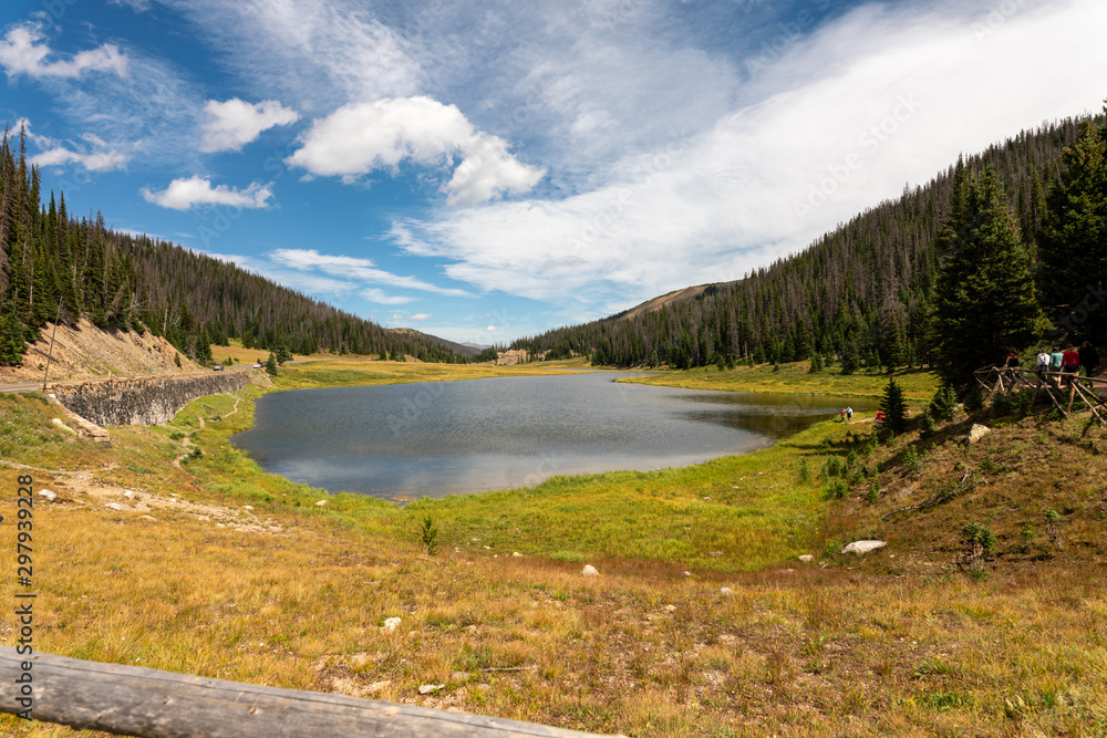 A beautiful summer view of Poudre Lake in the Rocky Mountains