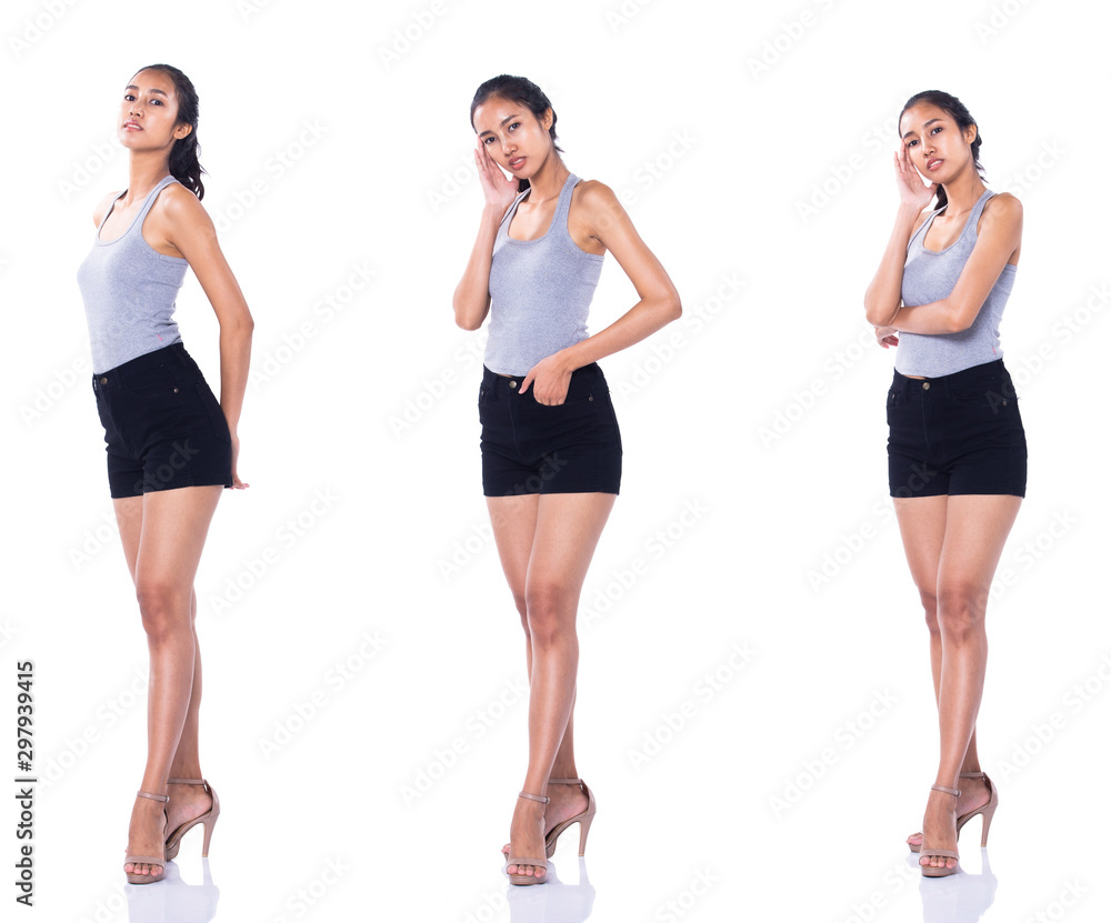 Fashion Young tan 20s Asian Woman gray vast dress short black pants high heels shoes stand posing attractive profile look. Studio Lighting white Background isolated collage group pack full length 360 Fashion Young tan 20s Asian Woman gray vast dress short black pants high heels shoes stand posing attractive profile look. Studio Lighting white Background isolated collage group pack full length 360