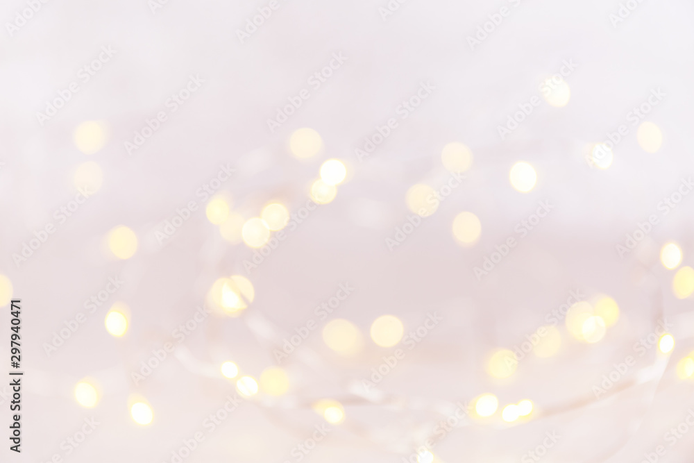 White background with bokeh lights. Holiday Christmas and New Year background. Horizontal