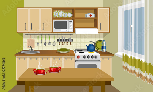 Kitchen interior in vintage style vector illustration.