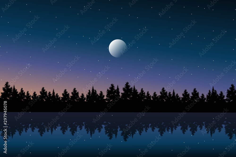 Scenery blue sky and sea with starry night and pine tree wood on mountain Scenery blue sky and sea with starry night and pine tree wood on mountain