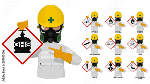 Set of industrial man in white chemical protective suit presents the GHS pictogram.