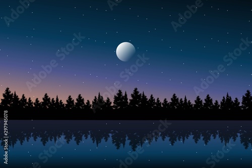 Scenery blue sky and sea with starry night and pine tree wood on mountain