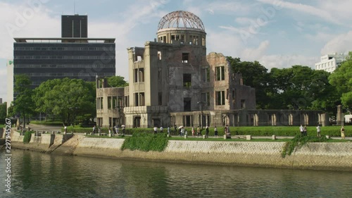Timelapse of Hiroshima Peace Memorial Genbaku Dome Beautiful Afternoon Moving Clouds and Water