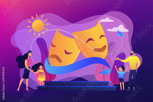Kids with tutors enjoy acting on theater stage outside, tiny people. Theater camp, summer acting program, young actor courses concept. Bright vibrant violet vector isolated illustration