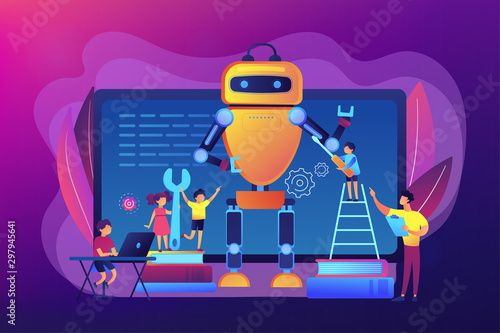 Kids programming and creating robot at class, tiny people. Engineering for kids, learn science activities, early development classes concept. Bright vibrant violet vector isolated illustration