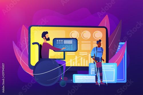 Handicapped man in wheelchair. Injured character rehabilitation. Assistive technology, devices for disabled people, adopted technologies concept. Bright vibrant violet vector isolated illustration