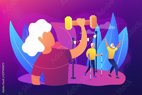 Pensioners healthy lifestyle. Aged woman training, working out, lifting weights. Elder fitness, sport for old people, elder sporting goods concept. Bright vibrant violet vector isolated illustration