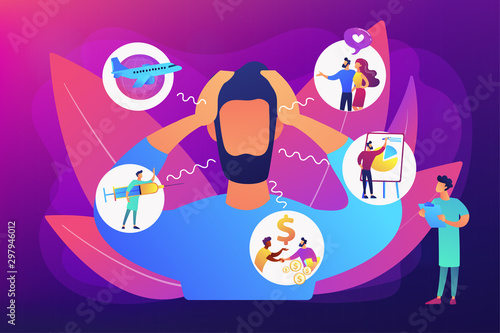 Introversion, agoraphobia, public spaces phobia. Mental illness, stress. Social anxiety disorder, anxiety screening test, anxiety attack concept. Bright vibrant violet vector isolated illustration