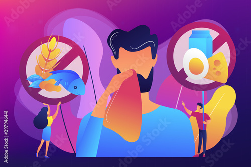 Man having food allergy symptoms to products like fish, milk and eggs. Food allergy, food alergen ingredient, allergy risk factor concept. Bright vibrant violet vector isolated illustration