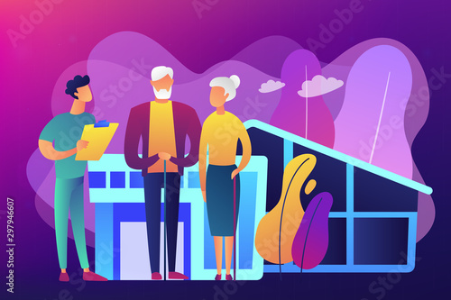 Skilled nurse and elderly people getting around-the-clock nursing care. Nursing home, nursing residential care, physical therapy service concept. Bright vibrant violet vector isolated illustration