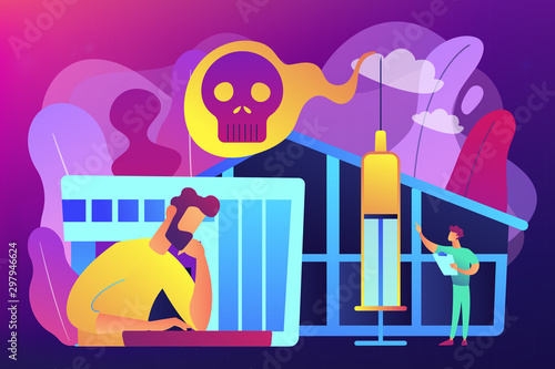 Patient getting medical treatment for dependency on psychoactive substances. Drug rehab center, experimental treatment, drug rehabilitation concept. Bright vibrant violet vector isolated illustration