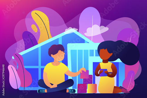 Children play in center giving information about treatment of ASD. Autism center, treatment of autism spectrum disorder, kids autism help concept. Bright vibrant violet vector isolated illustration