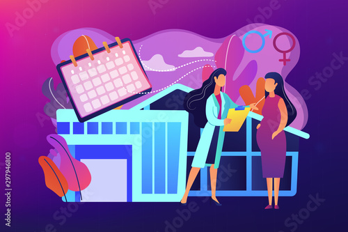 Doctor provides health services to pregnant woman and during labour. Maternity services, maternal perinatal health, pregnancy and birth care concept. Bright vibrant violet vector isolated illustration
