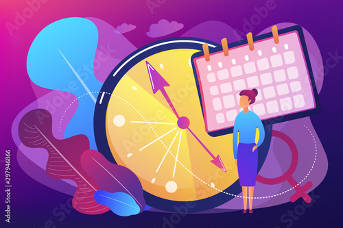 Menopause woman standing at her biological clock measuring age and calendar. Menopause, women climacteric, hormone replacement therapy concept. Bright vibrant violet vector isolated illustration