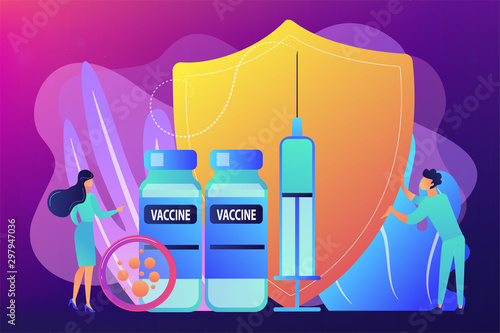 Tiny people doctors and syringe with vaccine, shield. Vaccination program, disease immunization vaccine, medical health protection concept. Bright vibrant violet vector isolated illustration