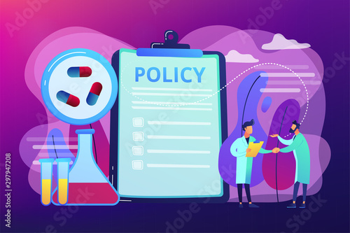 Pharmaceutical policy on clipboard and researchers, tiny people. Pharmaceutical policy, pharmaceutical lobby, drugs production control concept. Bright vibrant violet vector isolated illustration