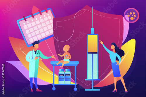 Pediatrics and childcare. Doctor give injection. Infant and child vaccines, newborn vaccination schedule, protection from childhood diseases concept. Bright vibrant violet vector isolated illustration