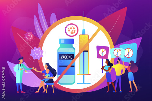 Anti-vaccination protest, people rejecting preventive medicine. Vaccine refusal, mandatory immunization, vaccination hesitancy concept. Bright vibrant violet vector isolated illustration