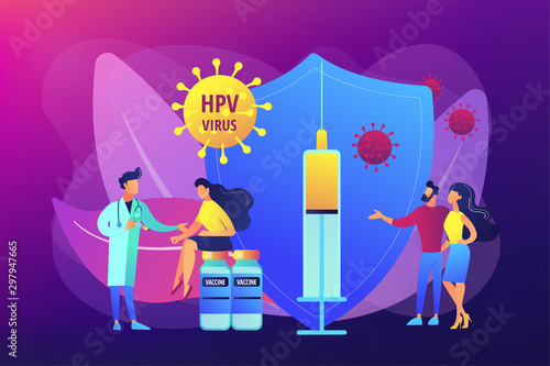 HPV infection medication. Virus prevention. HPV vaccination, protecting against cervical cancer, human papillomavirus vaccination program concept. Bright vibrant violet vector isolated illustration