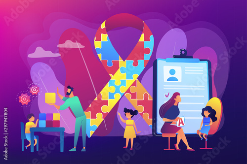 Autism spectrum disorder. Child development. Autism therapy, autism treatments for adults and childrens, applied behavior analysis concept. Bright vibrant violet vector isolated illustration
