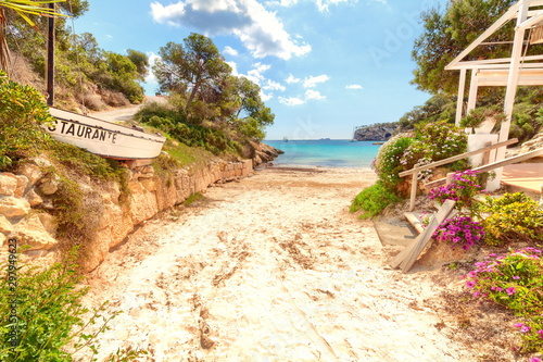 Cala Portals Vells Calvia Mallorca Majorca Spain sand beach way with old house and turquoise mediterranean sea