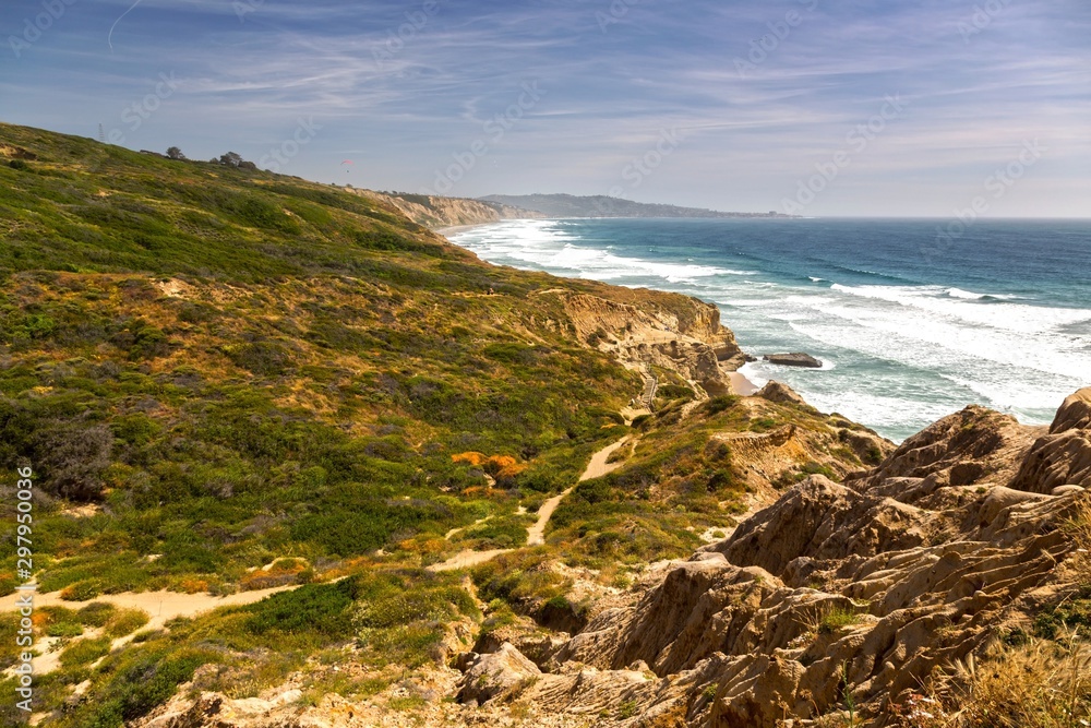 Sweeping Landscape View of Torrey Pines State Park and Southern California Pacific Ocean Coastline north of San Diego