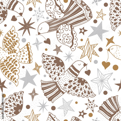 Doves and stars.  Christmas motif. Vector seamless pattern. Can be used in textile industry, paper, background, scrapbooking.