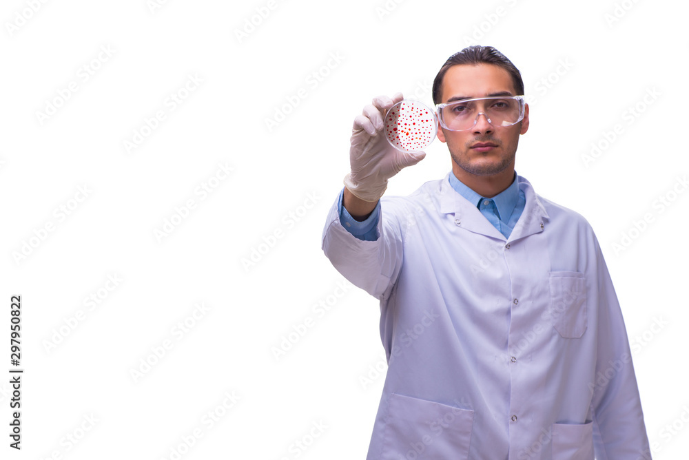 Young male chemist isolated on white Young male chemist isolated on white