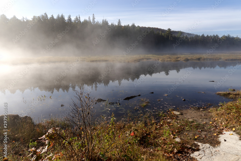 Foggy atmosphere at the lake in Algonquin national park. Ontario. Canada