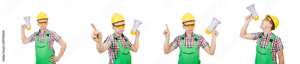 Funny construction worker with loudspeaker on white Funny construction worker with loudspeaker on white