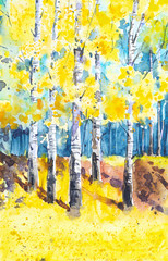 Foto auf Acrylglas Gelb Russische Waldlandschaft mit schönen Birken in einer Lichtung. Aquarellillustration  © Marina