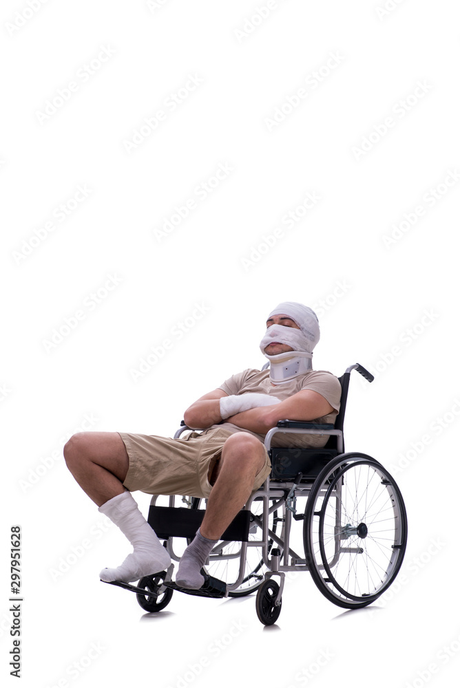 Injured man in wheel-chair isolated on white Injured man in wheel-chair isolated on white