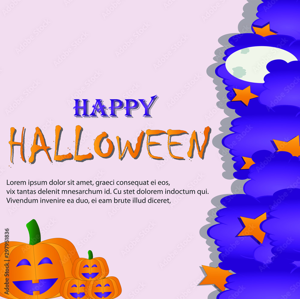 Halloween modern minimalistic design template for Website, greeting or promo banner, flyer, poster in paper cut style with cutest pumpkin and other traditional Halloween elements.editable text