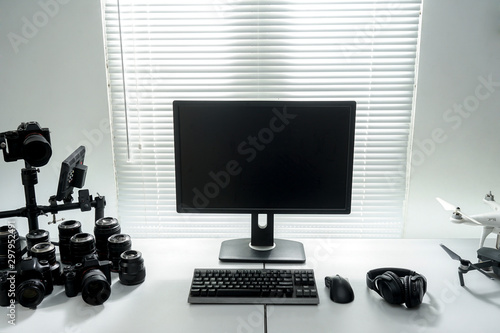 video editor workspace.photographer workspace.Designed modern workspace with white desktop computer