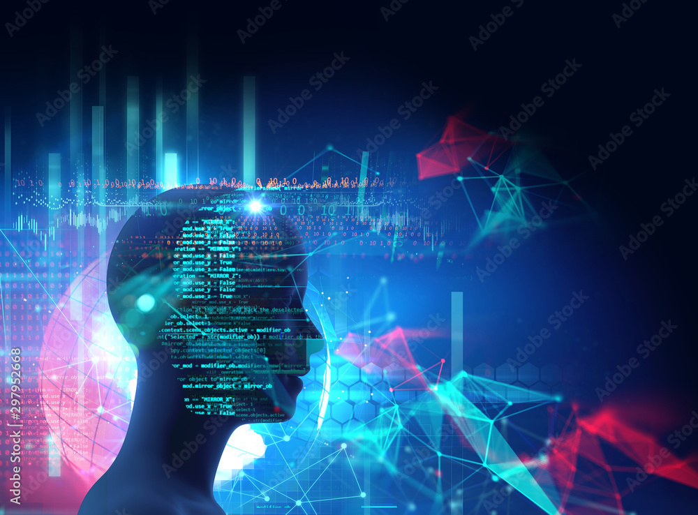 Fototapeta premium silhouette of virtual human on digital world map 3dillustration