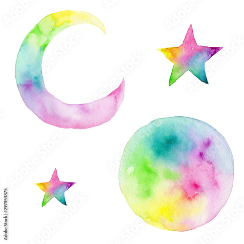 Fantasy rainbow moon and star set; watercolor hand draw illustration; with white isolated background photo