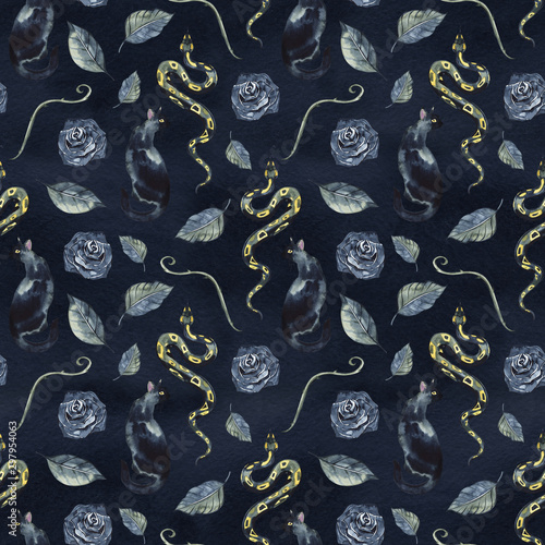 Hand Drawn Roses, Mimicking Folk Embroidery Stitches, on Dark Blue Background Floral Seamless Pattern