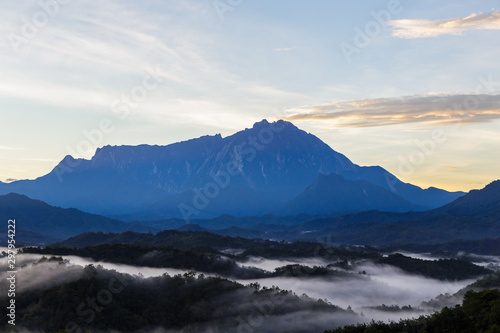 Amazing Beautiful Nature landscape view of Sunrise with nature misty foggy and Mount Kinabalu, Sabah, Borneo