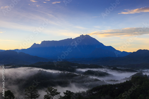 Amazing Beautiful Nature landscape view of Sunrise with  nature misty foggy and Mount Kinabalu, Sabah, Borneo © alenthien