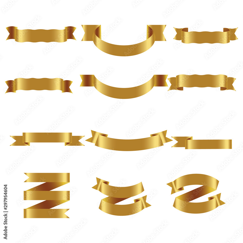 Obraz premium Gold Ribbon Set In Isolated White Background, Vector Illustration. Gold Ribbon Set In Isolated White Background, Vector Illustration