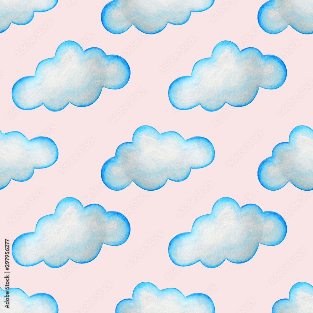 Watercolor seamless pattern with stars, clouds and moon. Hand drawn illustration. Decor for kids textile and wallpapers.