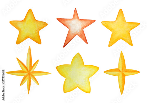 Watercolor set of stars different shapes and colors. Hand drawn illustration. Decor for kids textile and wallpapers.