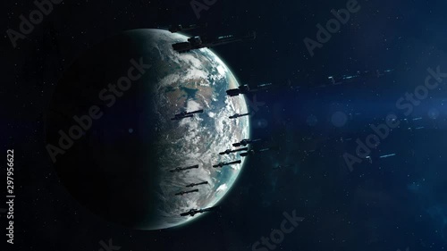 Fleet of Spaceships Leaving an Exoplanet