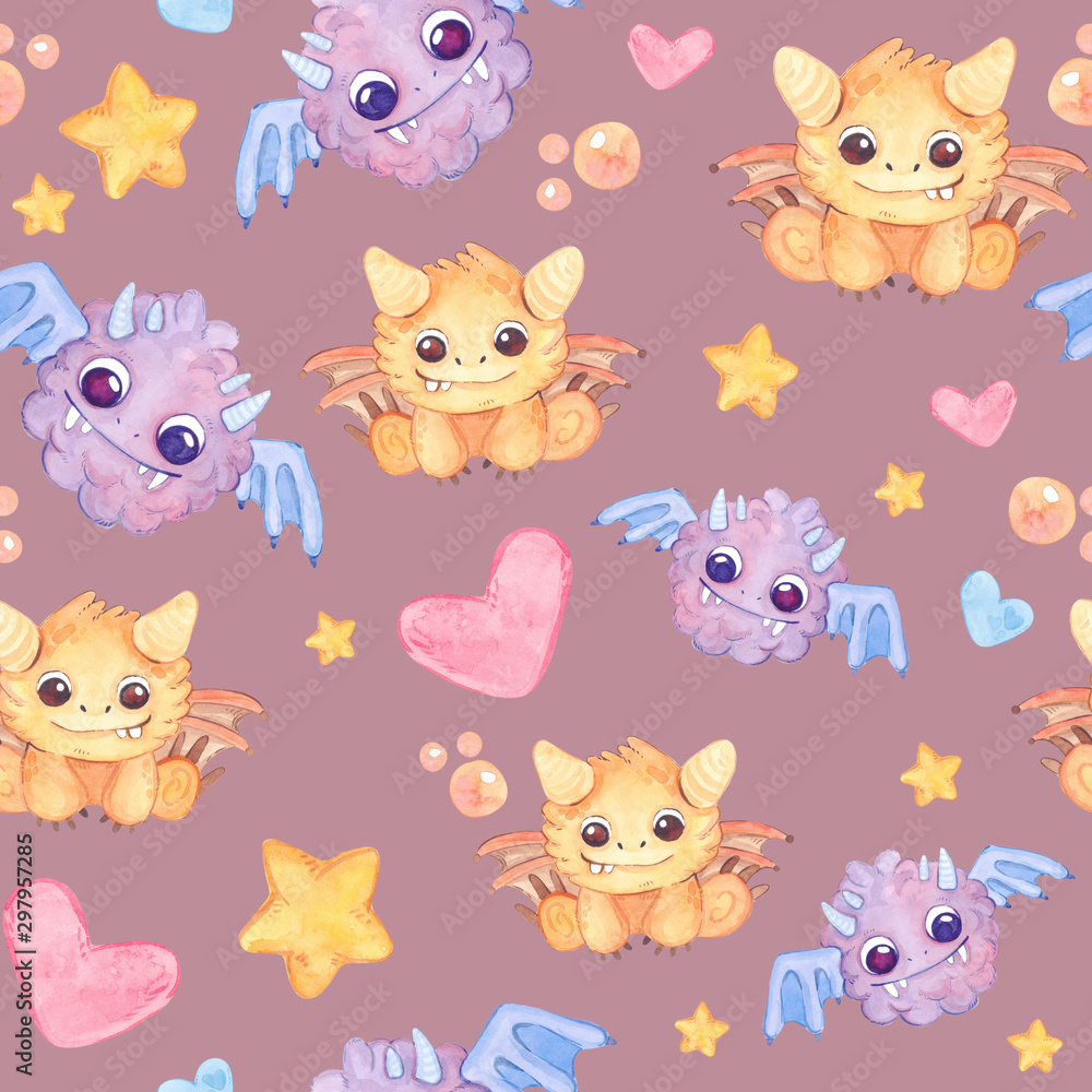 Seamless pattern with colorful, bright monsters, stars, bubbles, hearts. Watercolor kids cartoon illustration. Hand drawn character. Seamless pattern with colorful, bright monsters, stars, bubbles, hearts. Watercolor kids cartoon illustration. Hand drawn character.