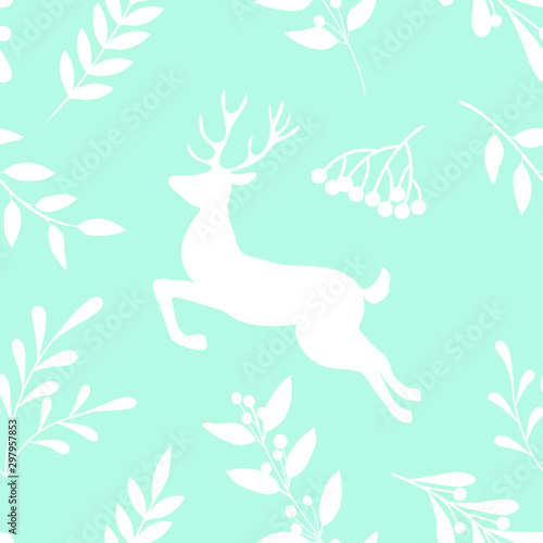 Christmas seamless pattern with winter decorative branch, berries, plants and deers in scandinavian colors. Vector illustration.