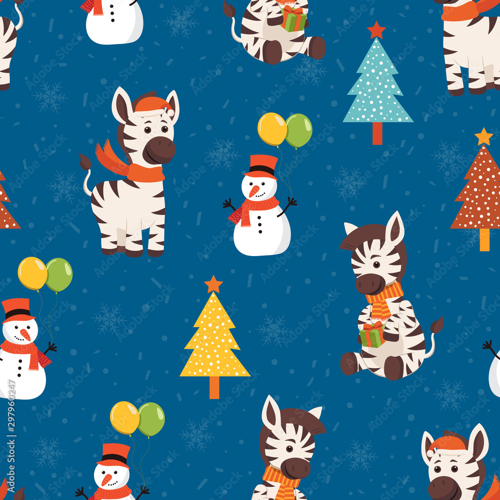Christmas seamless pattern with zebra background, Winter pattern with christmas party, wrapping paper, pattern fills, winter greetings, web page background, Christmas and New Year greeting cards Christmas seamless pattern with zebra background, Winter pattern with christmas party, wrapping paper, pattern fills, winter greetings, web page background, Christmas and New Year greeting cards