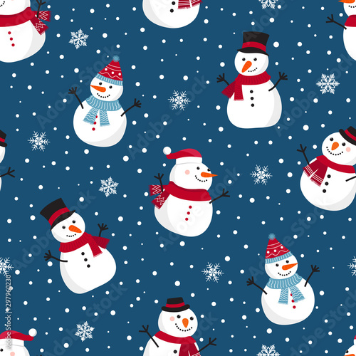 Christmas seamless pattern with snowman, Winter pattern with snowflakes, wrapping paper, pattern fills, winter greetings, web page background, Christmas and New Year greeting cards © JANNTA